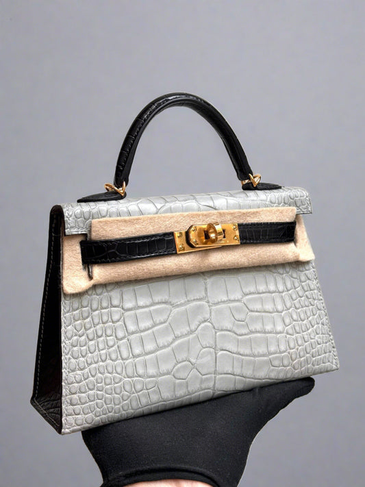 Hermes Mini Kelly II 20 Gris Perle & Noir HSS Matte Alligator